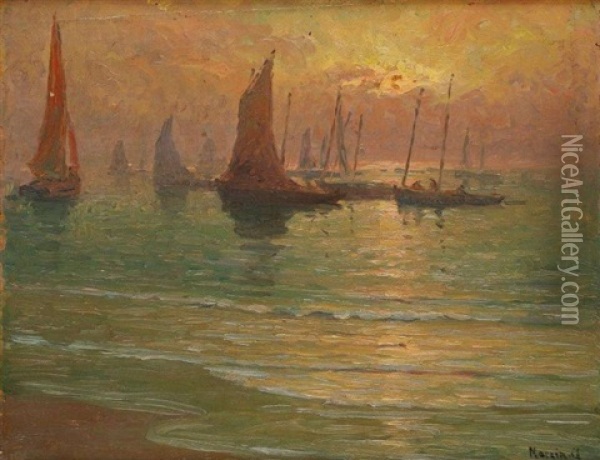 Marine Au Coucher De Soleil Oil Painting - Alfred Marzin