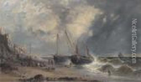 Fishermen Pulling Rye Trawlers Up The Beach Out Of The Surf Oil Painting - James M., Meadows Snr.