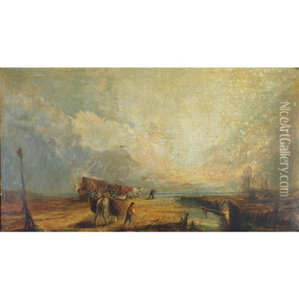 Lancashire Sands; Fisherfolk On The Beach; Beached Boat (3 Works) Oil Painting - William Trost Richards