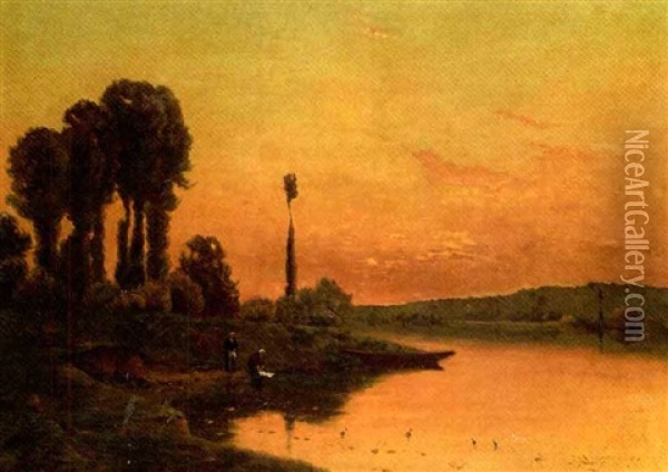 Washerwomen On The Banks Of The River At Dusk Oil Painting - Hippolyte Camille Delpy