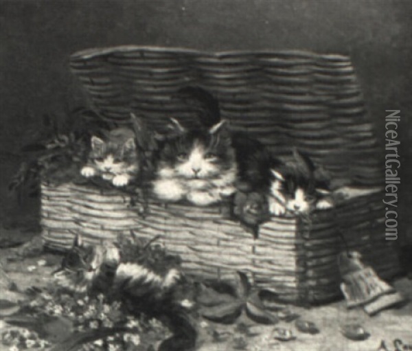 Kittens In A Basket Oil Painting - August Laux