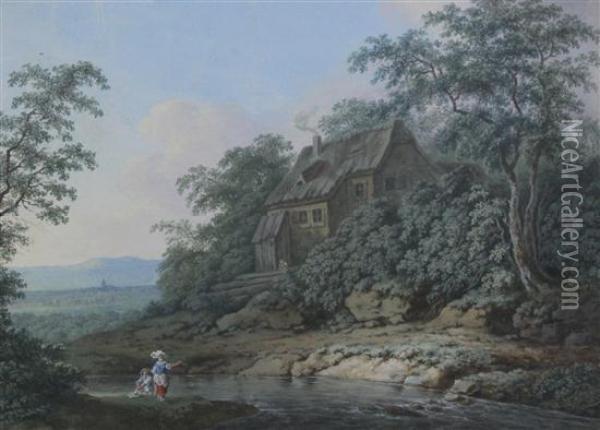 Landscape With Figures Beside A River Oil Painting - Barend Cornelis Koekkoek