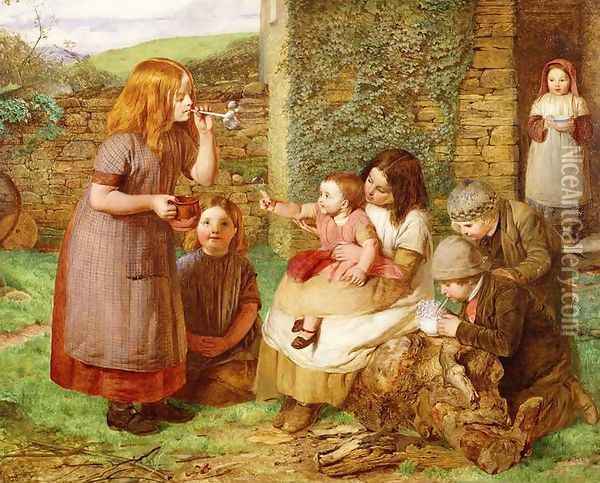 Bubbles: Cottage Scene with Children at Play Oil Painting - James Dawson Watson