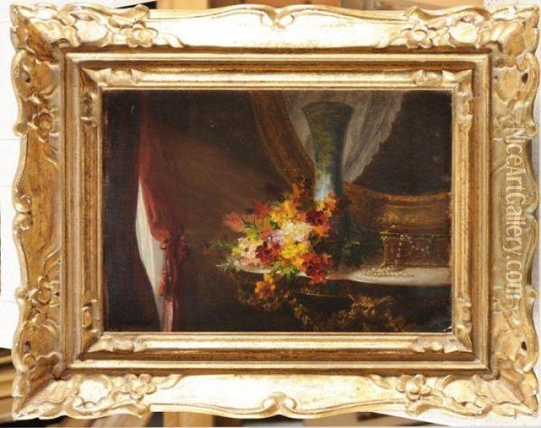 Bouquet De Fleurs Et Coffret A Bijoux Oil Painting - Charles Etienne Corpet