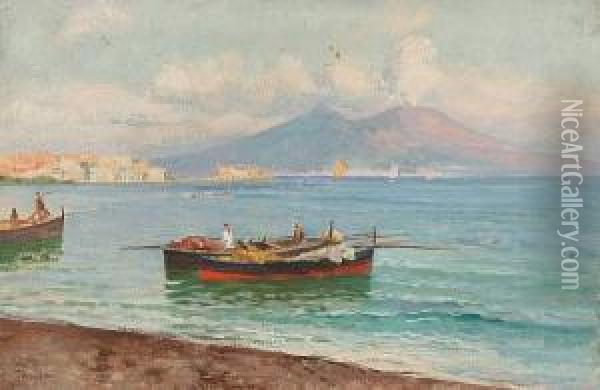 Italian Coastal Scene With 
Fisherman Bringing In The Catch, Together With Another Similar Of 
Fishermen In Sailing Boats By The Shore, A Pair, Unframed Oil Painting - Lazzaro Pasini