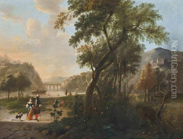 An Mountainous Wooded River Landscape With Elegant Company Conversing On A Track Oil Painting - Hendrik Carree