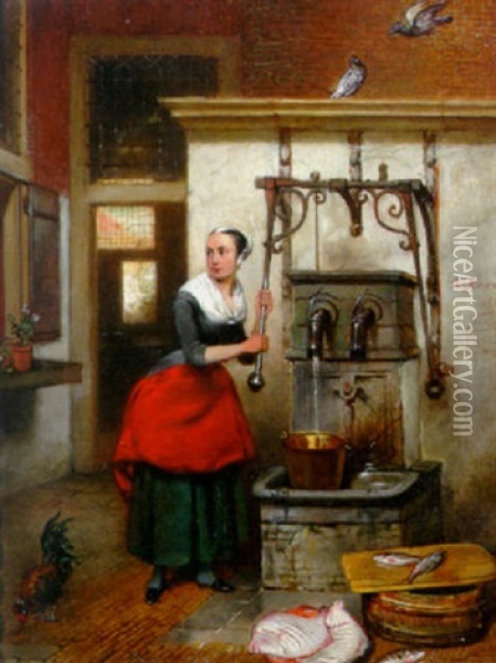 A Maid In A Courtyard Tapping Water From A Well Oil Painting - Hubertus van Hove