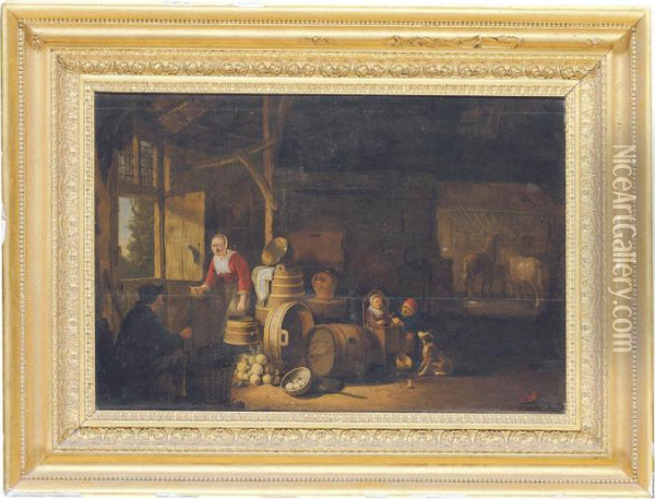 The Interior Of A Stable, With A Peasant Family Oil Painting - Egbert van der Poel