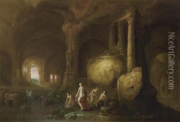 Nymphs Bathing In A Cave. Oil Painting - Abraham van Cuylenborch