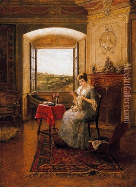 Himzo No (a Woman, Sewing) Oil Painting - Lajos Bruck