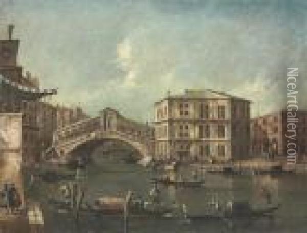 The Grand Canal, Venice, Looking
 South, With The Rialto Bridge Andthe Palazzo Dei Camerlenghi Oil Painting - Francesco Guardi