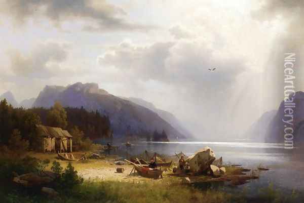 Fishing in an Alpine Lake Oil Painting - Herman Herzog