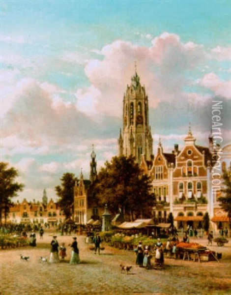 A View Of The Flower Market, Deventer Oil Painting - Lodewijk Johannes Kleijn