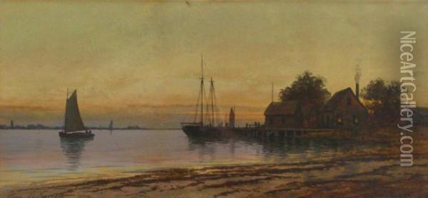 Harbor Village With Boats At Dusk Oil Painting - George Emerick Essig