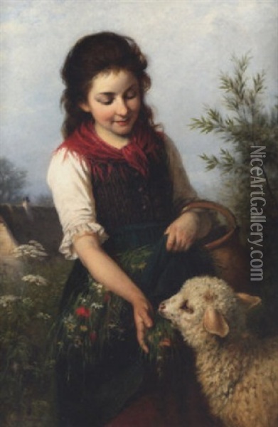 A Young Girl Feeding A Lamb Oil Painting - Rudolf Epp