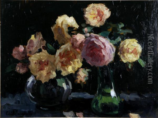 Vase Garni De Roses. Oil Painting - Emile Lecomte