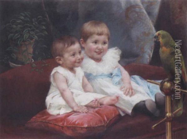 Children With A Parrot Oil Painting - Frantisek Dvorak