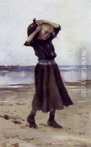 Lille Pige I Strandkanten Oil Painting - August Vilhelm Nikolaus Hagborg