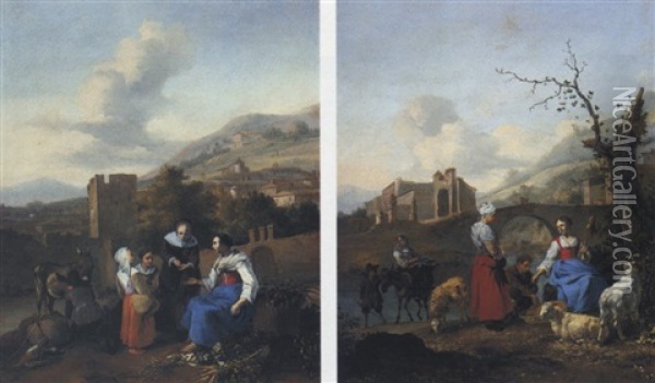 Italianate Landscape With Vegetable Seller Oil Painting - Hendrick Mommers