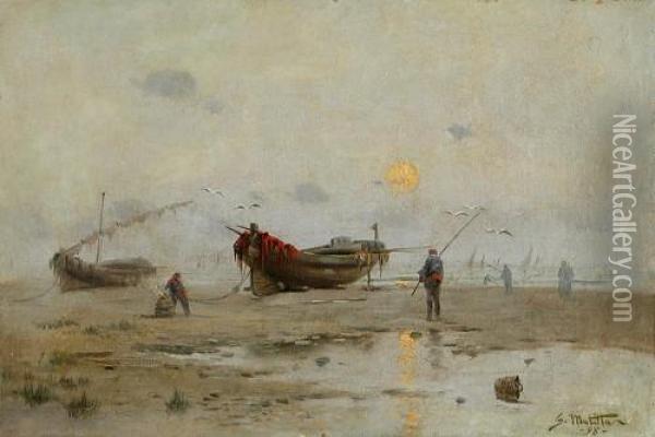 Barcas Y Pescadores Al Amanecer Oil Painting - Segundo Matilla Y Marina