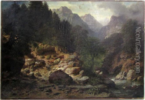 Herding Cows On A Rocky Mountain Path Oil Painting - Herman Herzog