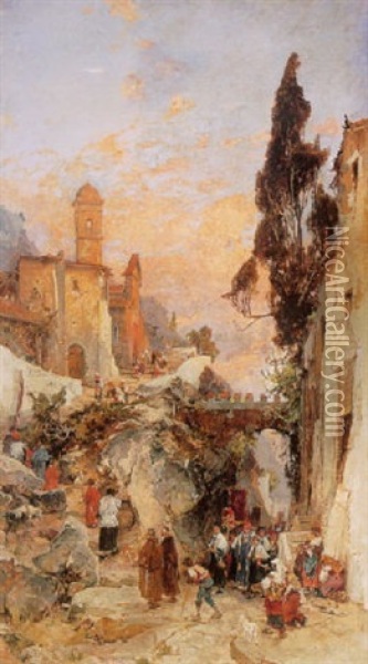A Religious Procession Passing Through A Mountainous Italian Village Oil Painting - Franz Theodor Aerni