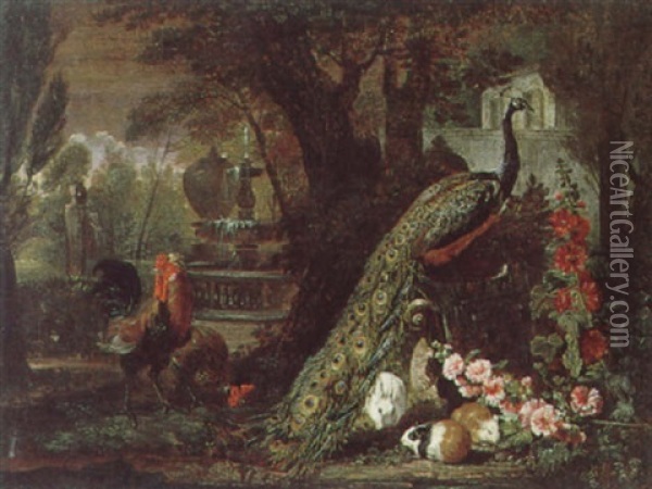 Ein Pfau Mit Huhnern Und Meerschweinchen In Einem Schlospark Oil Painting - Pieter Casteels III