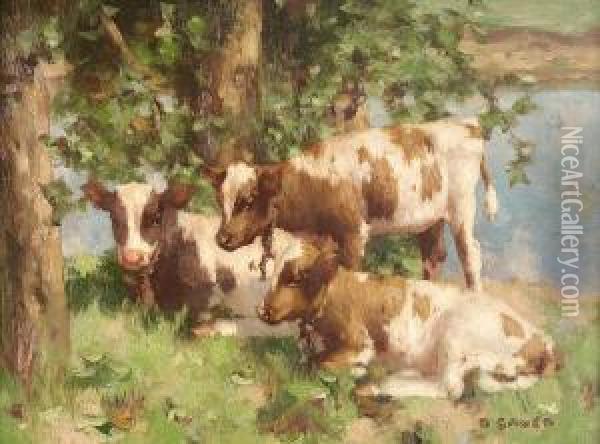 Three Calves By A River Oil Painting - David Gauld