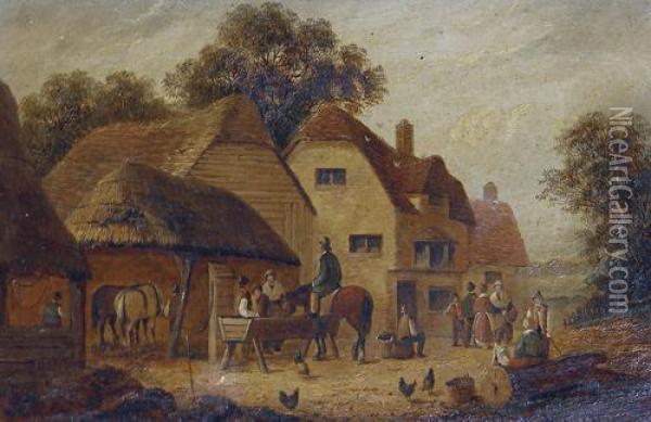 Figures And Cattle Resting In A Yard Oil Painting - Georgina Lara
