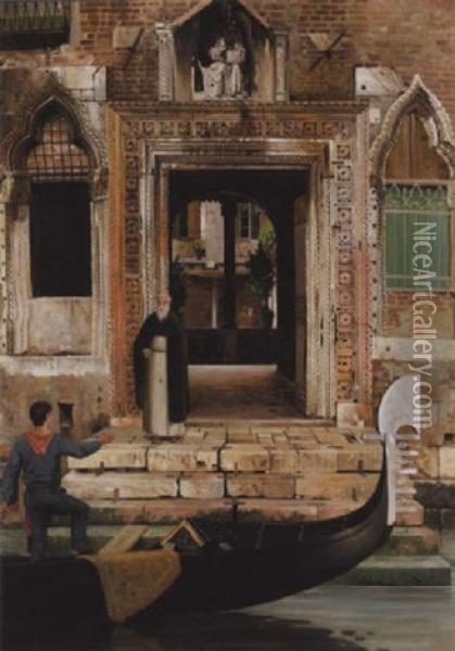 Venetiansk Kanalparti Med Gondoliere, Der Henter En Munk Ved S. Gregario-klosteret Oil Painting - Josef Theodor Hansen
