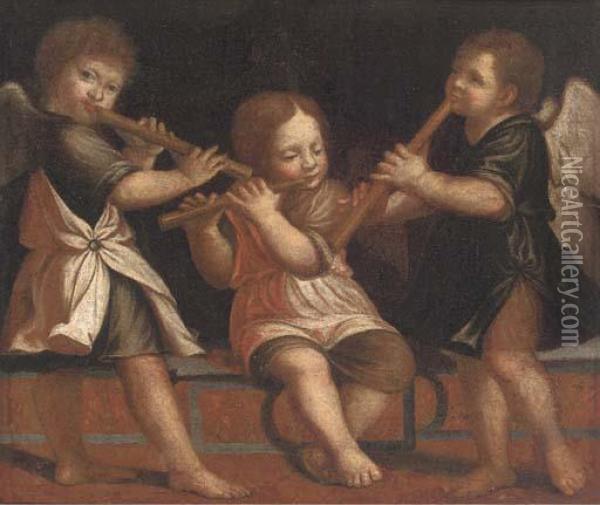 Three Putti Playing Flutes Oil Painting - Jacopo Robusti, II Tintoretto