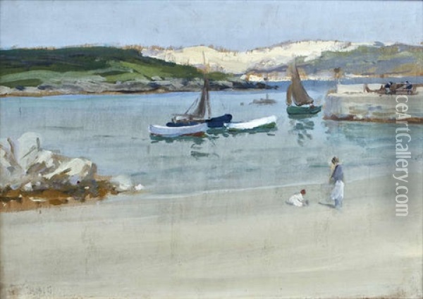 Boats In Harbour, With Children Playing On The Beach Oil Painting - James Humbert Craig