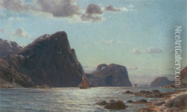Norsk Fjordparti Med Bade Oil Painting - Henry Enfield