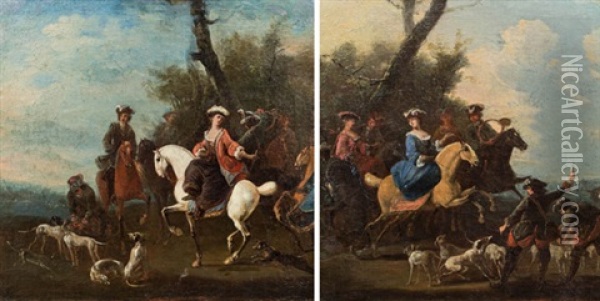 Pendants - Elegante Jagdgesellschaften (pair) Oil Painting - Jacques Sebastien Le Clerc