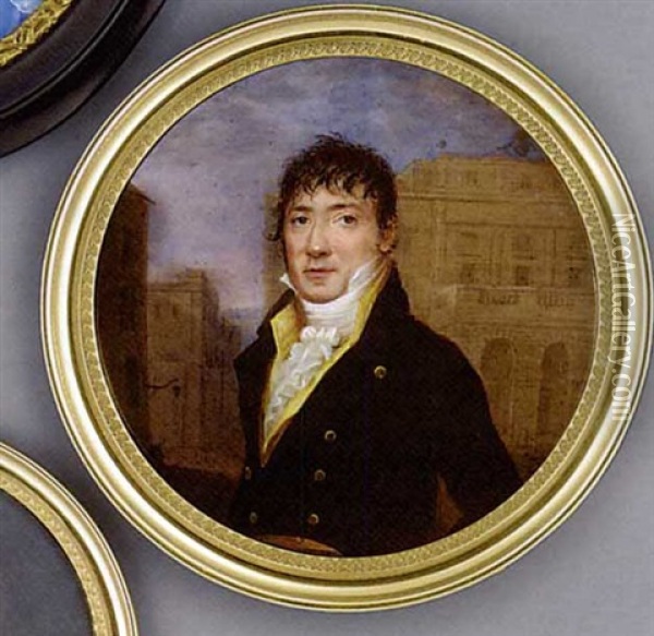 A Gentleman Standing In A Street With Buildings Beyond, In Black Coat With Gold Buttons, Yellow Waistcoat And Frilled Cravat, Forward Combed Dark Hair Oil Painting - Henri Leveque