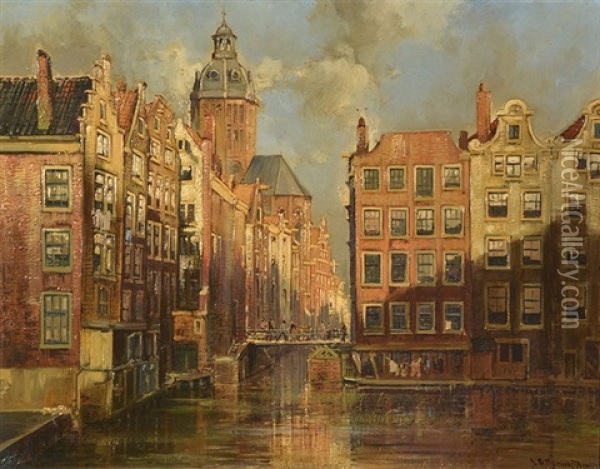 A Dutch Canalside Town Oil Painting - Jan Hermanus Melchior Tilmes