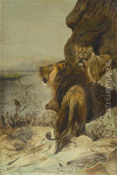 Lowenpaar, Das Ein Feuer In Der Dunstigen Steppe Beobachtet Oil Painting - Wilhelm Friedrich Kuhnert