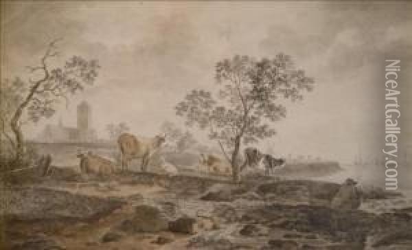 Cattle In A Landscape -after Cuyp Oil Painting - Hendrick Willelm Schweickhardt