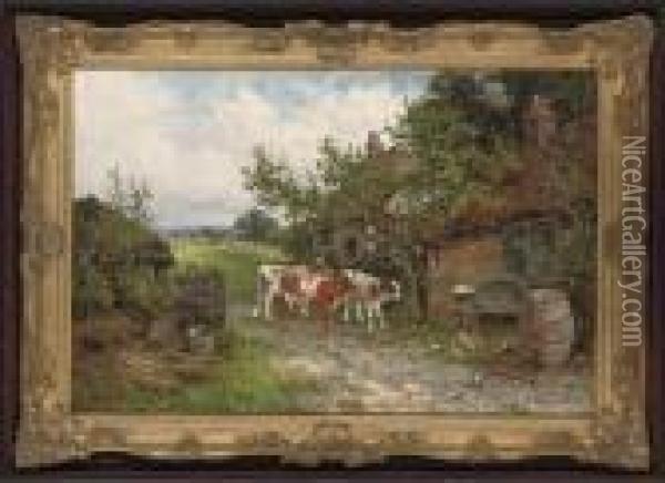 A Farmyard Discussion Oil Painting - Henry Hillier Parker