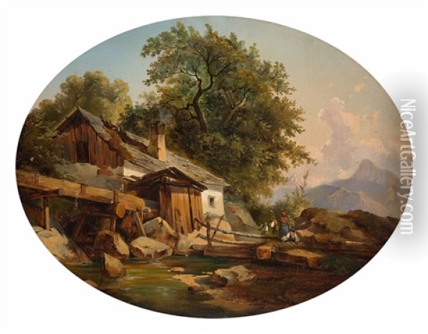 Alpine Idyll Oil Painting - Ludwig Georg Eduard Halauska