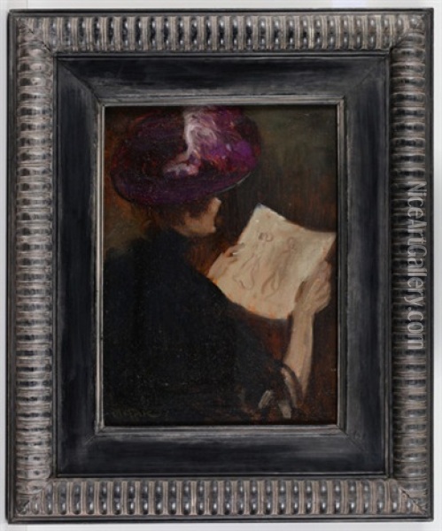 Ruckenansicht Einer Dame Mit Hut, Eine Zeichnung Betrachtend Oil Painting - Louis Mark
