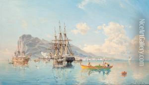Swedish Frigate At Anchor In The Roadstead Offgibraltar Oil Painting - Af Herman Sillen