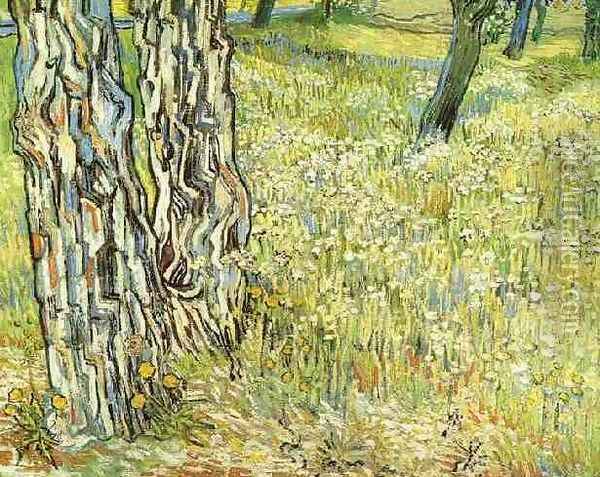 Pine Trees And Dandelions In The Garden Of Saint Paul Hospital Oil Painting - Vincent Van Gogh