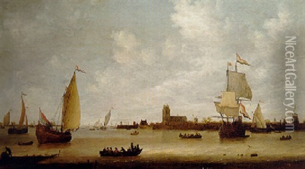 A Dutch Man-of-war, A Staatsyacht And Other Boats At The Mouth Of A River Estuary, Dordrecht Beyond Oil Painting - Jeronymus Van Diest