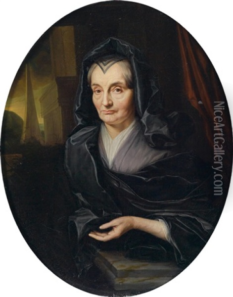 Bildnis Einer Als Witwe Gekleideten Dame, Im Hintergrund Ein Obelisk Oil Painting - Caspar Netscher