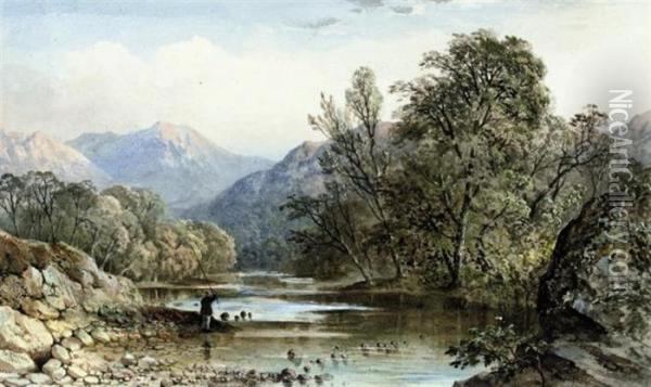 An Angler In A Wooded Valley Oil Painting - Cornelius Pearson