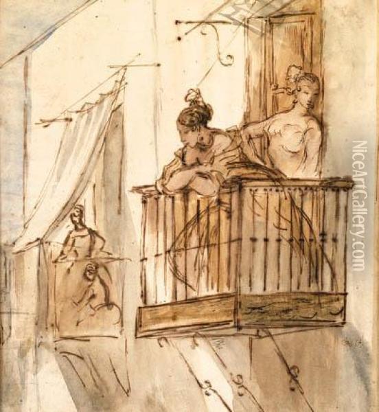 Ladies On The Balcony Oil Painting - Constantin Guys