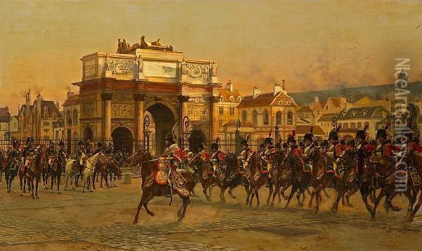 Napoleon And His Staff Reviewing
 The Mounted Chasseurs Of The Imperial Guard Before The Arc De Triomphe 
Du Carrousel Oil Painting - Francois Flameng
