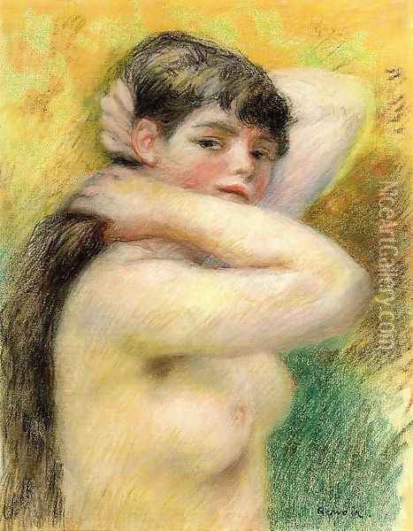 Nude Arranging Her Hair Oil Painting - Pierre Auguste Renoir
