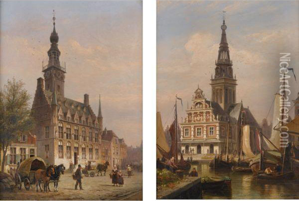 L'hotel De Ville, Zeeland And L'hotel De Ville, Alkmaar Oil Painting - Cornelis Christiaan Dommersen